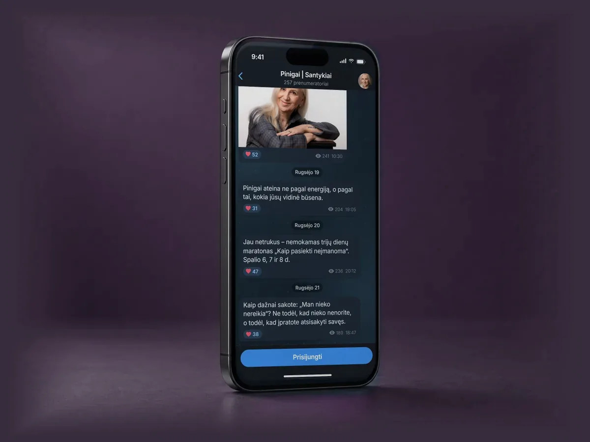 Telegram kanalas „Pinigai | Santykiai“ telefone